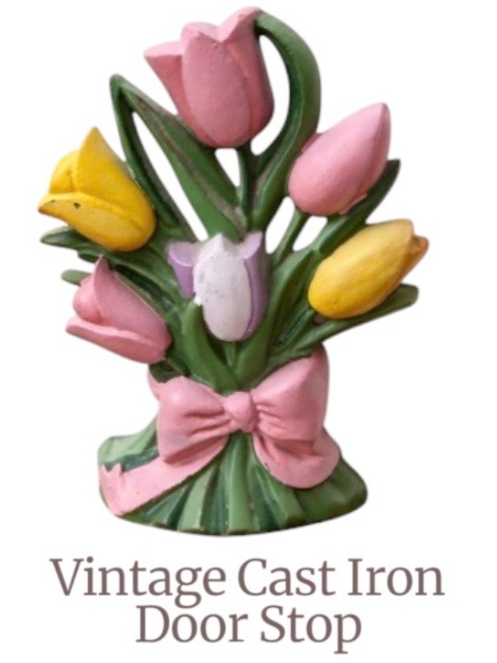 Vintage Hand-Painted Pink and Yellow Tulip Sculpture Door Stop. 🌷
